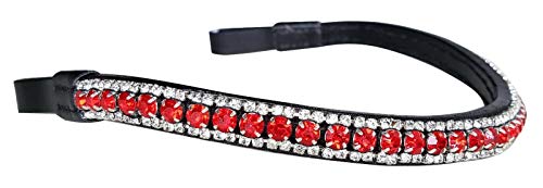 Cwell Equine Quality Italian Leather 3 Row Curve Browband RED clear Crystals mega bling Black