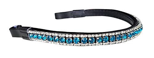 Cwell Equine Quality Leather 3 Row Curve Browband Turquoise clear Crystals mega bling Black