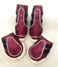 Load image into Gallery viewer, Cwell Equine TENDON AND FETLOCK BOOTS SET GLITTER SPARKLY SHINY SHOW BOOTS DARK PINK
