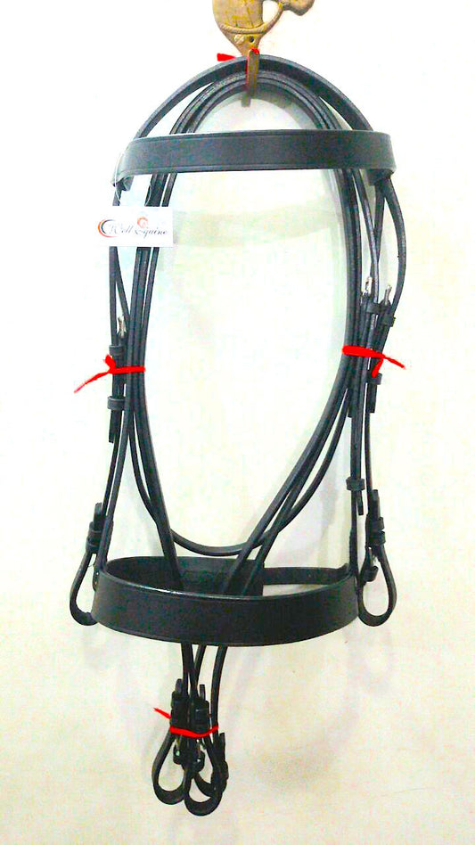 Cwell Equine PLAIN FLAT HUNT Cavesson Bridle With Quality LEATHER Reins - BLACK