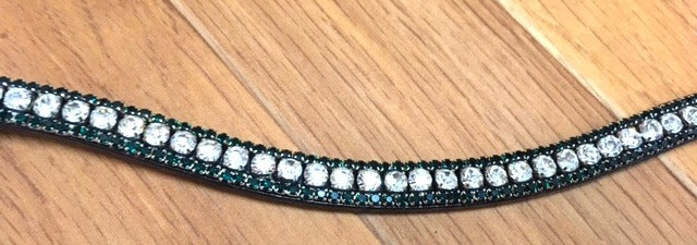 NEW BLING!*Leather Sparkly Browband*3-Rows Crystals*Dressage Teal Green/Clear BLACK*