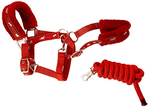 Cwell Equine NEW Horse print fur padded headcollars halter + matching lead RED Choice of Sizes
