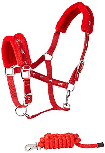 Cwell Equine NEW Horse print fur padded headcollars halter + matching lead RED Choice of Sizes