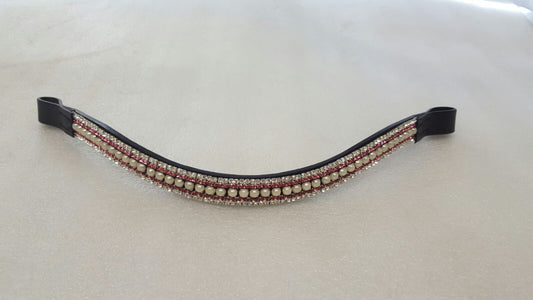 BLING!*Dressage*Mega-Sparkly Leather Browband*5 Rows Crystals*  PEARL/PINK/CLEAR BLACK LEATHER