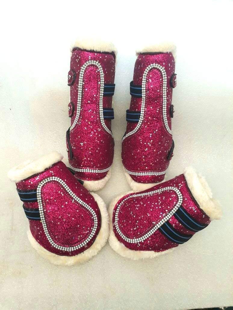 Cwell Equine TENDON AND FETLOCK BOOTS SET GLITTER SPARKLY SHINY SHOW BOOTS DARK PINK
